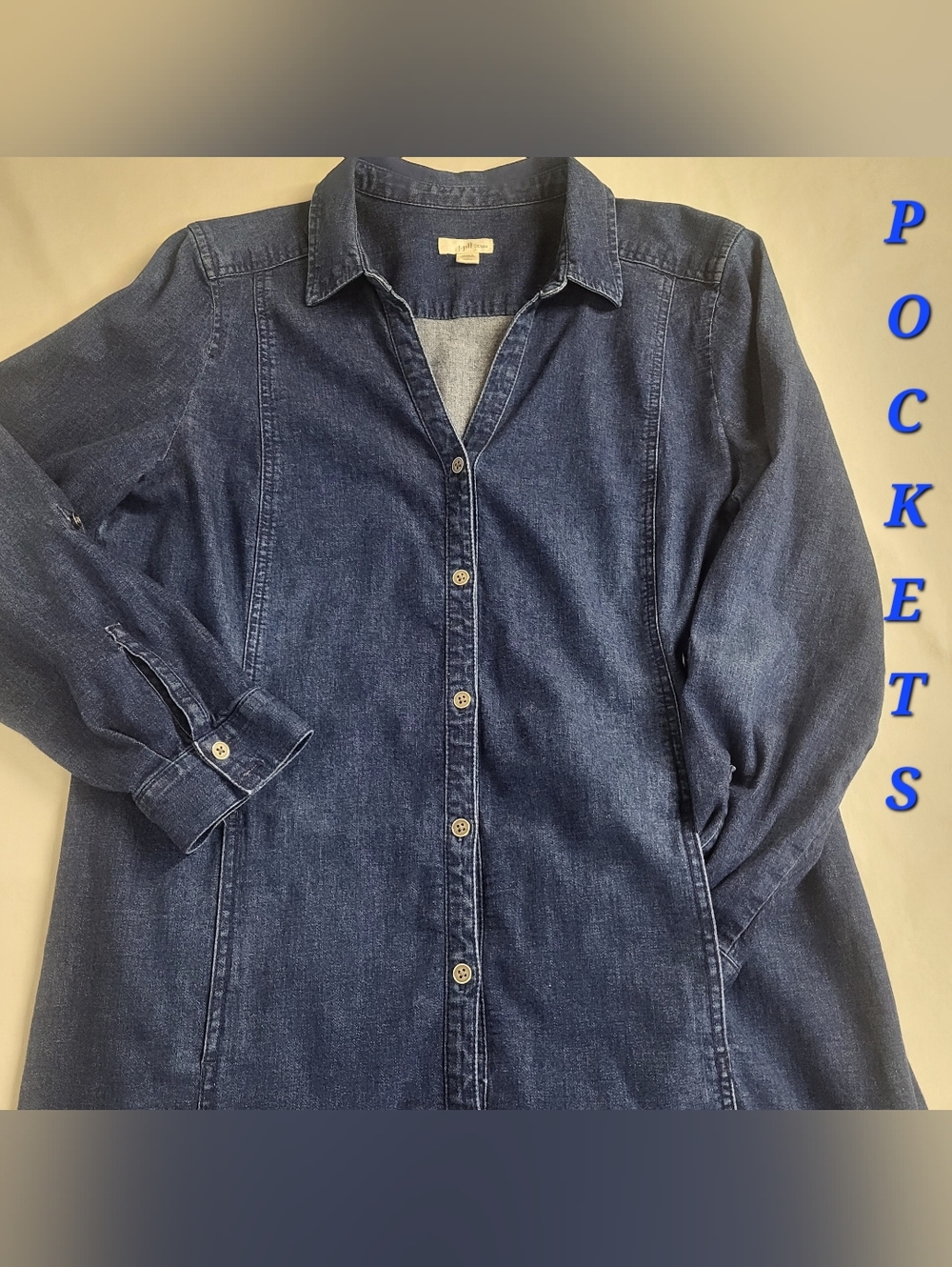 J.jill Denim Long Sleeve Roll Tab Full Button Up Blue Denim Dress Large Petite - Picture 13 of 15